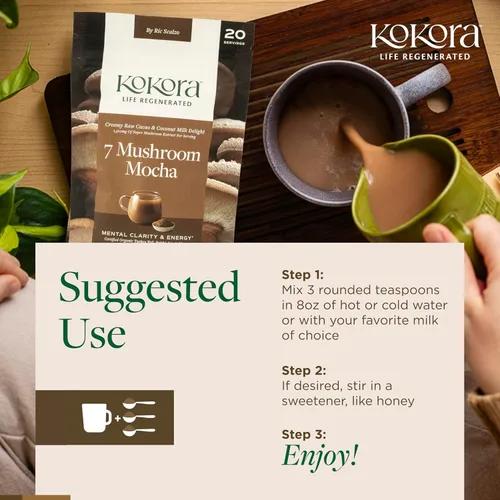 Vista 4 de kokora 7 Mushroom Mocha - Energiza y promueve la claridad mental* - Polvo de hongos adaptogénicos orgánicos con cola de pavo y melena de león