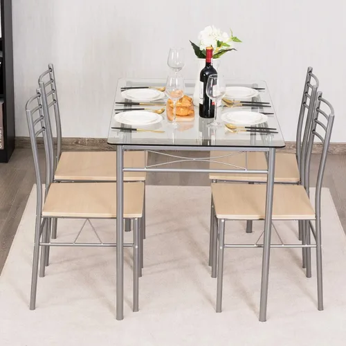 Vista 2 de Juego de mesa de comedor moderno para 4, juego de mesa de comedor con mesa de cristal, marco de metal y asiento de madera, mesa de cocina de 5