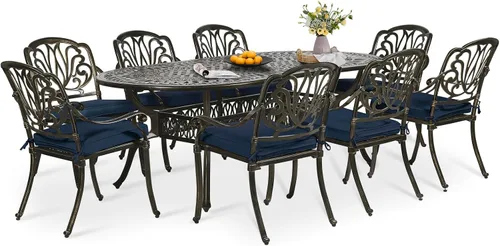 Vista 25 de Juego de comedor de patio de 9 piezas, mesa y sillas de patio al aire libre, mesa de comedor ovalada de aluminio fundido de 84 pulgadas con agujero