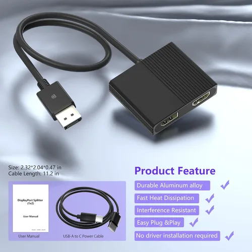 Vista 8 de Adaptador DisplayPort a HDMI, divisor de puerto de pantalla 4K a 60Hz para monitores duales, pantalla extendida, divisor DP a DP/HDMI 1 en 2