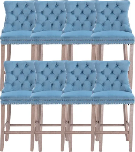 Vista 24 de Taburetes de bar tapizados de terciopelo modernos de 27 pulgadas con patas de madera, botón con cabeza de clavo cromada, taburetes de bar con Beige