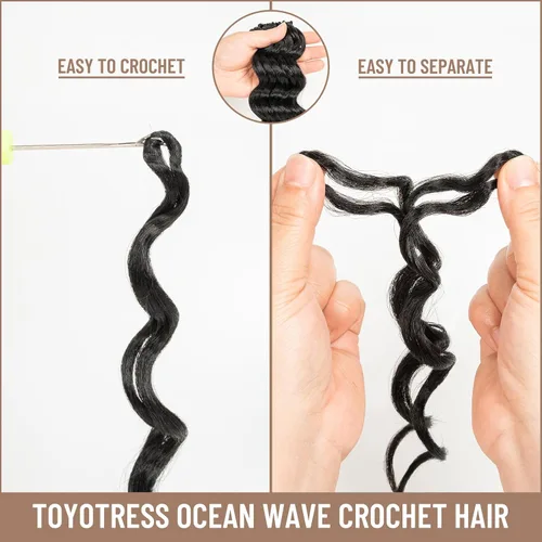 Vista 4 de Toyotress Extensiones de cabello de ganchillo de onda marina - 8 pulgadas, 8 paquetes, trenzado natural negro de onda marina, extensiones de cabello
