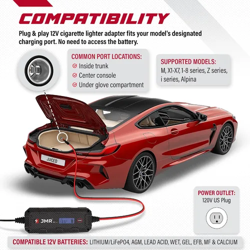 Vista 2 de Cargador de batería JMR 12V para BMW, puerto Cig de 12V, añade modo de litio Cargador de goteo acondicionador mantenedor para M5 M4 X6 X5 i8 Z4 M8