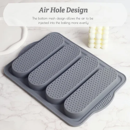 Vista 3 de Sartén para pan de baguette, sartén antiadherente de silicona de grado alimenticio, bandeja para hornear pan francés perforado de 4 cavidades