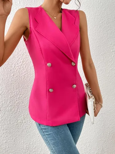 Vista 4 de GORGLITTER Chaleco sin mangas para mujer, con cuello de solapa, doble botonadura, casual, ligero