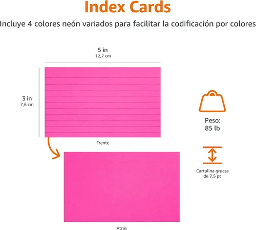 Vista 5 de Amazon Basics Tarjetas de índice rayadas para estudiar y tomar notas, colores neón surtidos, 3 x 5 pulgadas, 300