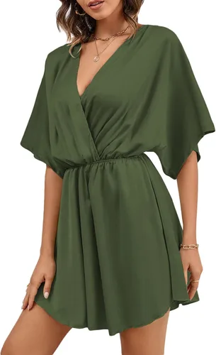 Vista 4 de LYANER Minivestido elegante de satén con cuello en V y volantes para mujer