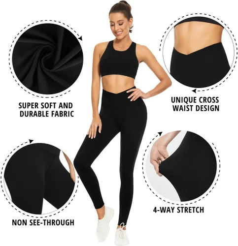 Vista 5 de Leggings de cintura cruzada para mujer, control de abdomen, entrenamiento, correr, no se transparentan, pantalones de yoga atléticos para gimnasio
