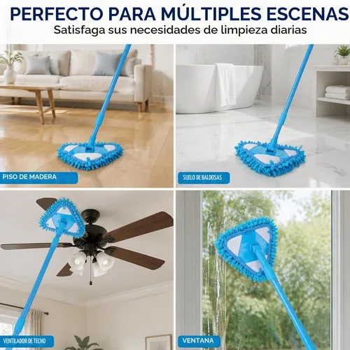 Vista 6 de Trapeador de limpieza triangular ajustable giratorio de 180°, mopas húmedas y secas con mango largo extensible, trapeador de limpieza con 2 Azul