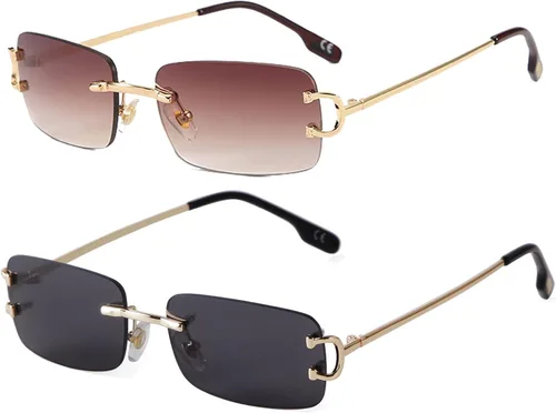 Vista 8 de Rimless Sunglasses for Men Women Small Narrow Rectangle Sunglasses 2 piezas: azul degradado+marrón degradado