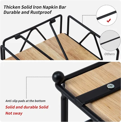 Vista 3 de Servilletero cuadrado – Dispensador de servilletas de mesa duradero con brazo pesado, almacenamiento de servilletas de metal con base de madera