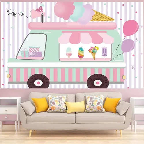 Vista 4 de Cartel de fondo con temática de camión de helados, pancarta de fondo de fotografía de cumpleaños para bebés y niñas, decoración de fondo para tartas