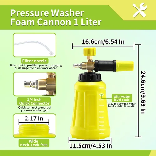 Vista 4 de Cañón de espuma FIXFANS con adaptador de repuesto para Portland Husky Ryobi Wide Neck Pressure Washer Snow Foam Lance, Heavy Duty Power Washer