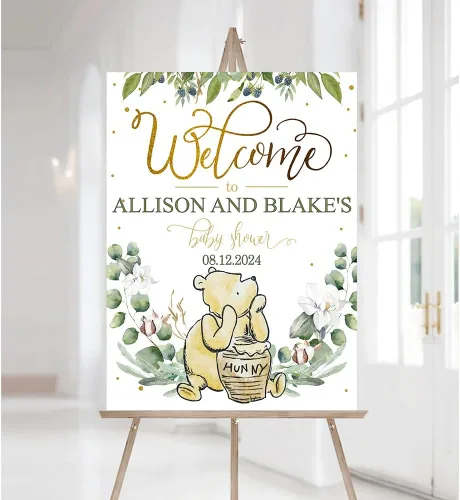 Vista 7 de Letrero de bienvenida personalizado de Bear Pooh para baby shower, regalos clásicos personalizados para bebés, niños y niñas, decoraciones de oso #12