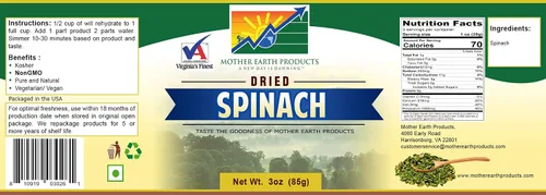 Vista 2 de Mother Earth Products Tarro de espinacas deshidratado