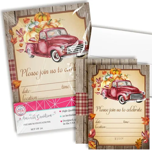 Vista 10 de Amanda Creation Invitaciones de cumpleaños de Pumpkin Truck, paquete de 20 invitaciones de cumpleaños de otoño de 5 x 7 con sobres blancos, tarjetas