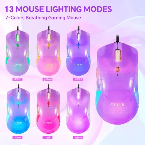 Vista 4 de CHONCHOW Combo de teclado y mouse RGB para juegos, teclado transparente con cable USB, retroiluminación LED arco iris, juego de teclado transparente