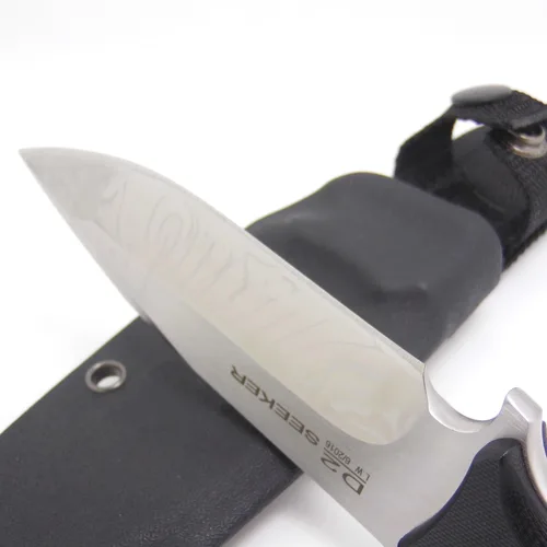 Vista 3 de Masalong Cuchillo de caza de hoja fija, hoja de borde recto, supervivencia extrema D2 acero y funda