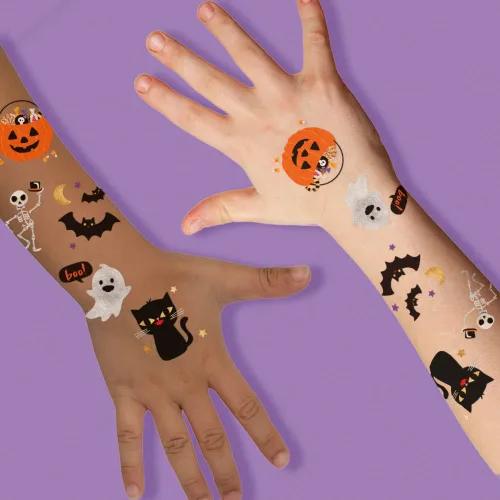 Vista 2 de Flash Tattoos Bonito juego de 25 piezas surtidas inspiradas en Halloween, impermeables, metálicas, de oro y plata, tatuajes temporales de papel