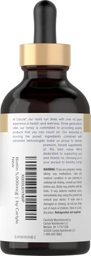 Vista 3 de Carlyle Biotin - Gotas líquidas de 5000mcg 4 onzas líquidas para mujeres y hombres Sabor a bayas Fórmula de belleza Suplemento