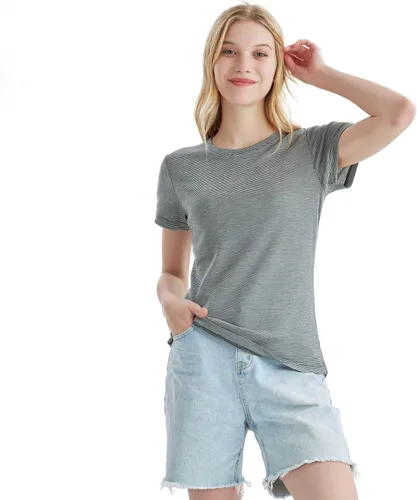 Vista 7 de Merino Protect Camisetas 100% de lana merino para mujer, cuello redondo, manga corta, resistencia al olor, capa base, viajes, senderismo, camiseta