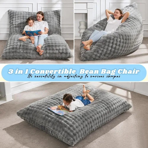 Vista 4 de Hobestluk Adult Bean Bag Chair 3 in 1 Convertible Large Bean Bag Sofa Ash Grey