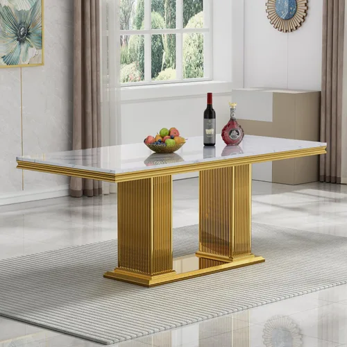 Vista 10 de Mesa de comedor de mármol negro para 4, 6, 70 pulgadas, moderna mesa de comedor de cocina dorada con base de acero inoxidable con diseño