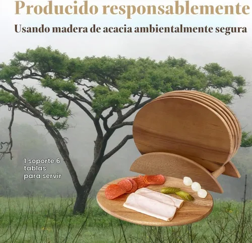 Vista 4 de Woodard & Charles 6 tablas de servir de madera de acacia con soporte, perfectas para servir, sushi, queso, aperitivos de obra, embutidos Marrón