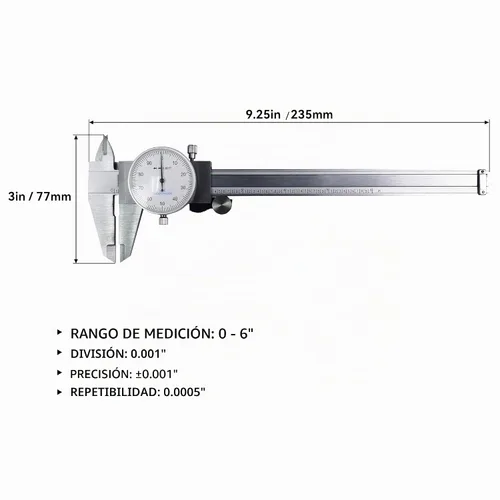 Vista 3 de HFS (R) 0-6" Acero al carbono 4 vías Imperial Dial Calibre .001" a prueba de golpes
