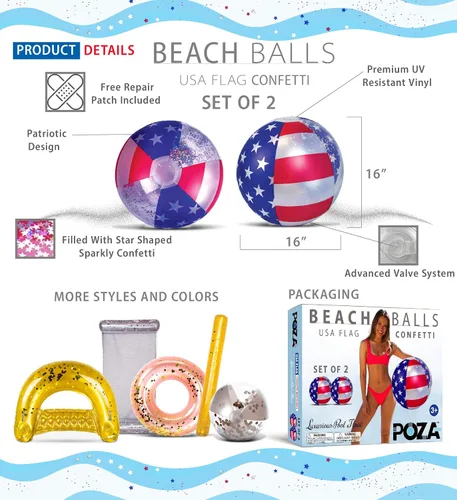 Vista 2 de POZA Flotador inflable de piscina de Estados Unidos – Lujosa tumbona divertida llena de confeti de estrellas plateadas brillantes, diseño de bandera