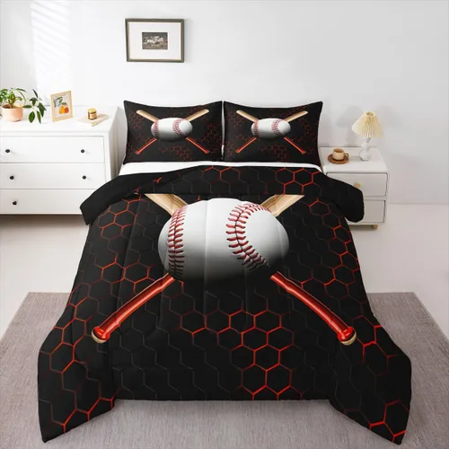 Vista 17 de Juego de edredón de panal negro y rojo para adolescentes, jóvenes y adultos, juego de ropa de cama de fútbol y fútbol, juegos de edredón hexagonales