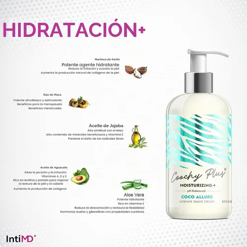 Vista 6 de Coochy Plus HydroLock - Kit de 3 pasos para afeitado íntimo: aceite de elixir para antes del afeitado NOURIA + crema de afeitado Coochy Plus Coco