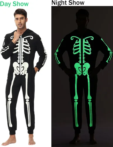Vista 2 de Veseacky Conjunto de pijamas familiares a juego con diseño de esqueleto que brilla en la oscuridad, overol de Halloween con capucha y cremallera