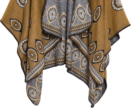 Vista 5 de Chal estilo poncho con frente abierto con patrón vintage, capa para mujer