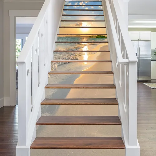 Vista 4 de artfanke 13 piezas de adhesivos 3D de amanecer en la playa - Adhesivos para escalones de pelar y pegar para decoración de hogar y oficina - 39,37" x
