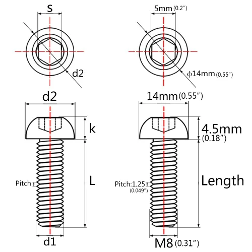 Vista 2 de Tornillos de titanio M8 con cabeza de botón, paquete de 4 (M8x15mm, negro) 15 20 25 30 1.378 in disponible para modificaciones de coches