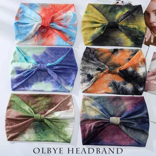 Vista 2 de Olbye Diademas anchas para mujer, diademas bohemias anudadas, diadema turbante anudada, teñido anudado, bandas elásticas antideslizantes