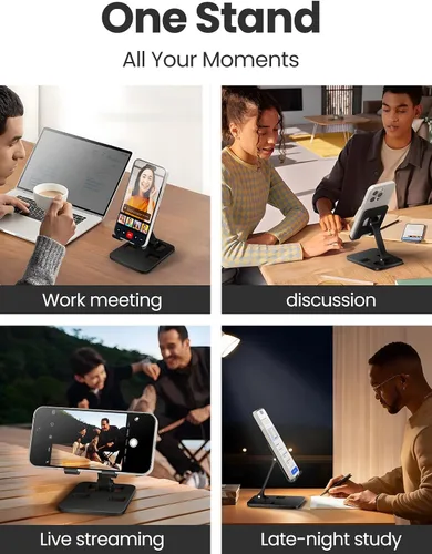 Vista 5 de Soporte de teléfono para escritorio, soporte plegable doble para teléfono celular, soporte portátil totalmente ajustable para iPhone 17, 16, 15, 14