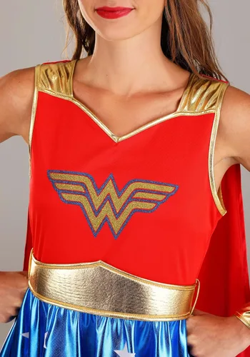 Vista 4 de Fun Costumes Disfraz de Mujer Maravilla con capa para mujer, traje de superhéroe rojo, blanco y azul con capa y accesorio de corona para Halloween