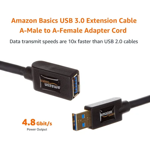 Vista 5 de Amazon Basics Cable de extensión USB-A 3.0, 4.8Gbps de alta velocidad, conectores chapados en oro macho a hembra, 3.3 pies, negro