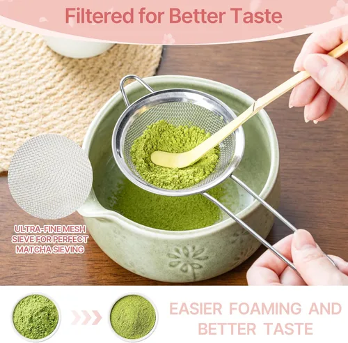 Vista 3 de Juego de batidor de matcha, kit de 8 piezas que incluye tazón, batidor de bambú y soporte, cuchara de bambú, colador de té, toalla de té, agitador
