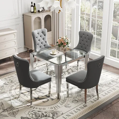 Vista 36 de Juego de mesa de comedor de cristal de 5 piezas para 4, mesa de cocina cuadrada de 37 pulgadas con 4 sillas tapizadas de terciopelo negro, mesa