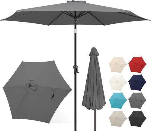 Vista 12 de FLAME&SHADE Sombrilla de patio de 11 pies, sombrilla de mesa para exteriores con botón de inclinación y manivela, protección UV, 8 varillas