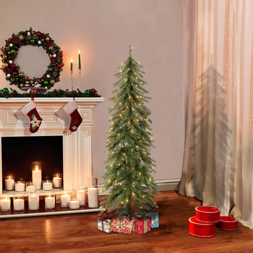Vista 3 de Puleo International - Árbol de Navidad artificial preiluminado de 5 pies, tipo pino alpin, con 150 luces transparentes, 391 puntas de ramas densas