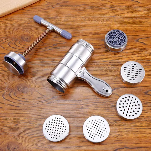 Vista 2 de Máquina de fideos manuales de acero inoxidable, máquina de prensa portátil para hacer pasta, herramientas de fabricación de espaguetis con 5 moldes