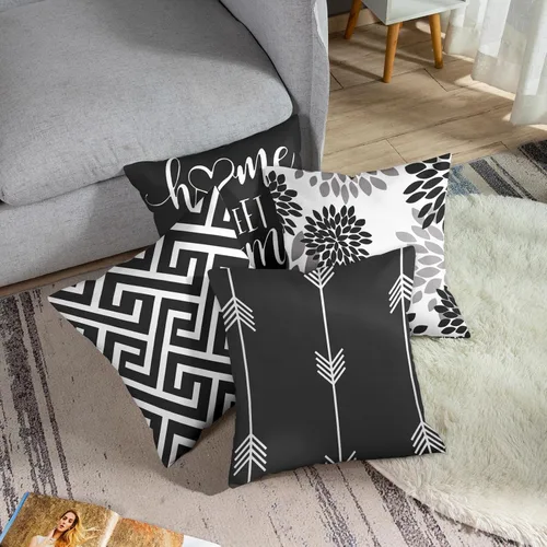 Vista 6 de Emvency Juego de 4 fundas de almohada modernas geométricas abstractas en negro, blanco y gris, diseño de flechas florales dulces, fundas de almohada