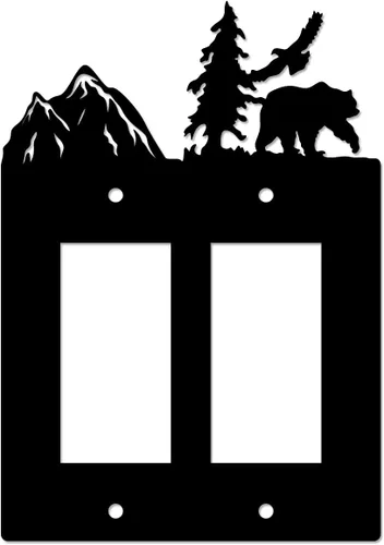 Vista 6 de Eagle & Bear - Placa de pared con interruptor de luz, doble dúplex, habitación de cabaña negra Cubiertas decorativas de metal para enchufe, se