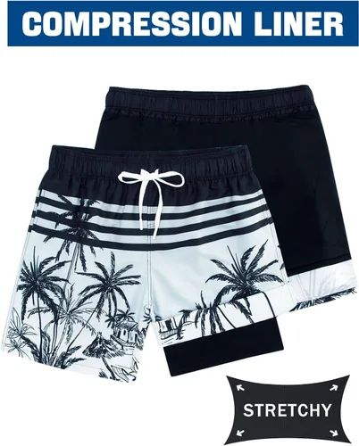 Vista 5 de Trajes de baño para hombre con forro de compresión 2 en 1 Shorts de tabla de 9 pulgadas de secado rápido con bolsillos Blanco