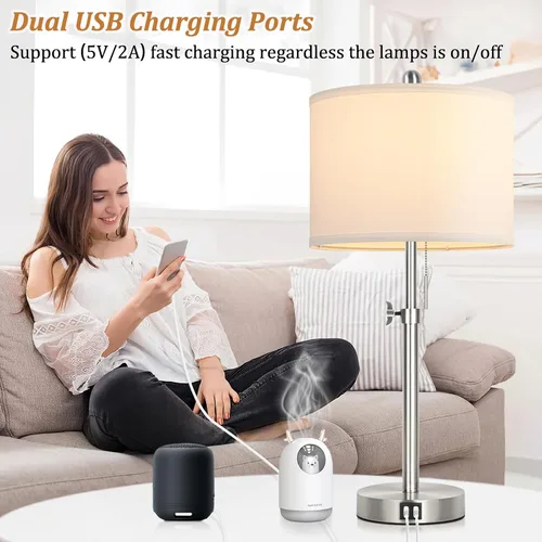 Vista 2 de Kondras Juego de 2 lámparas de mesa para dormitorio, lámpara de noche con 2 puertos USB, lámpara de mesa alta ajustable de 23 a 30 pulgadas