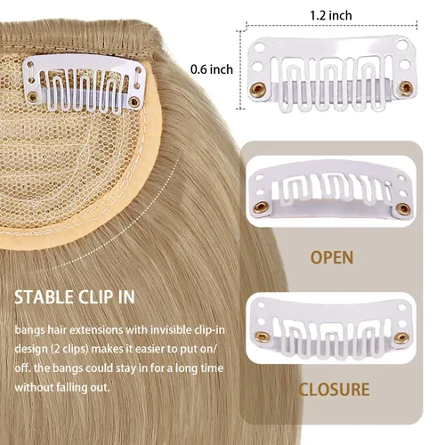Vista 5 de Extensión de cabello rubio ceniza, clip de flequillo francés, grueso y natural, flequillo ordenado, flequillo recto con fleco con sienes, una pieza